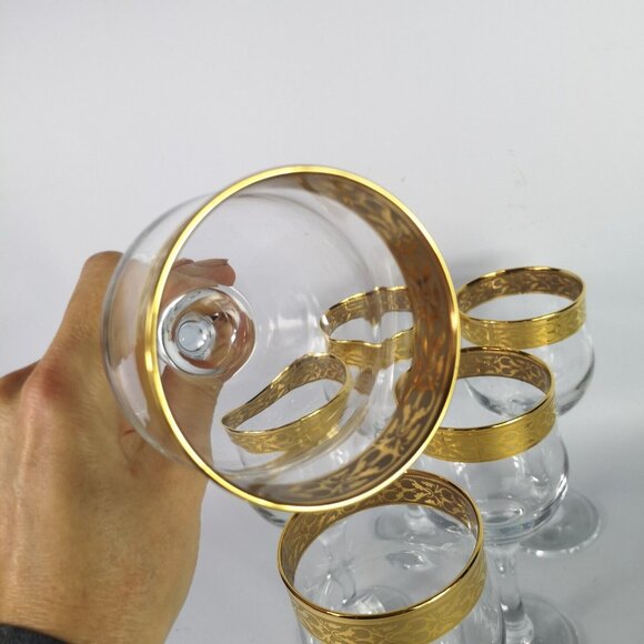 Vintage Italian Gold Rim Etched Hand Blown Crystal Stemmed Wine Glasses Set Of 6 - Picture 7 of 7